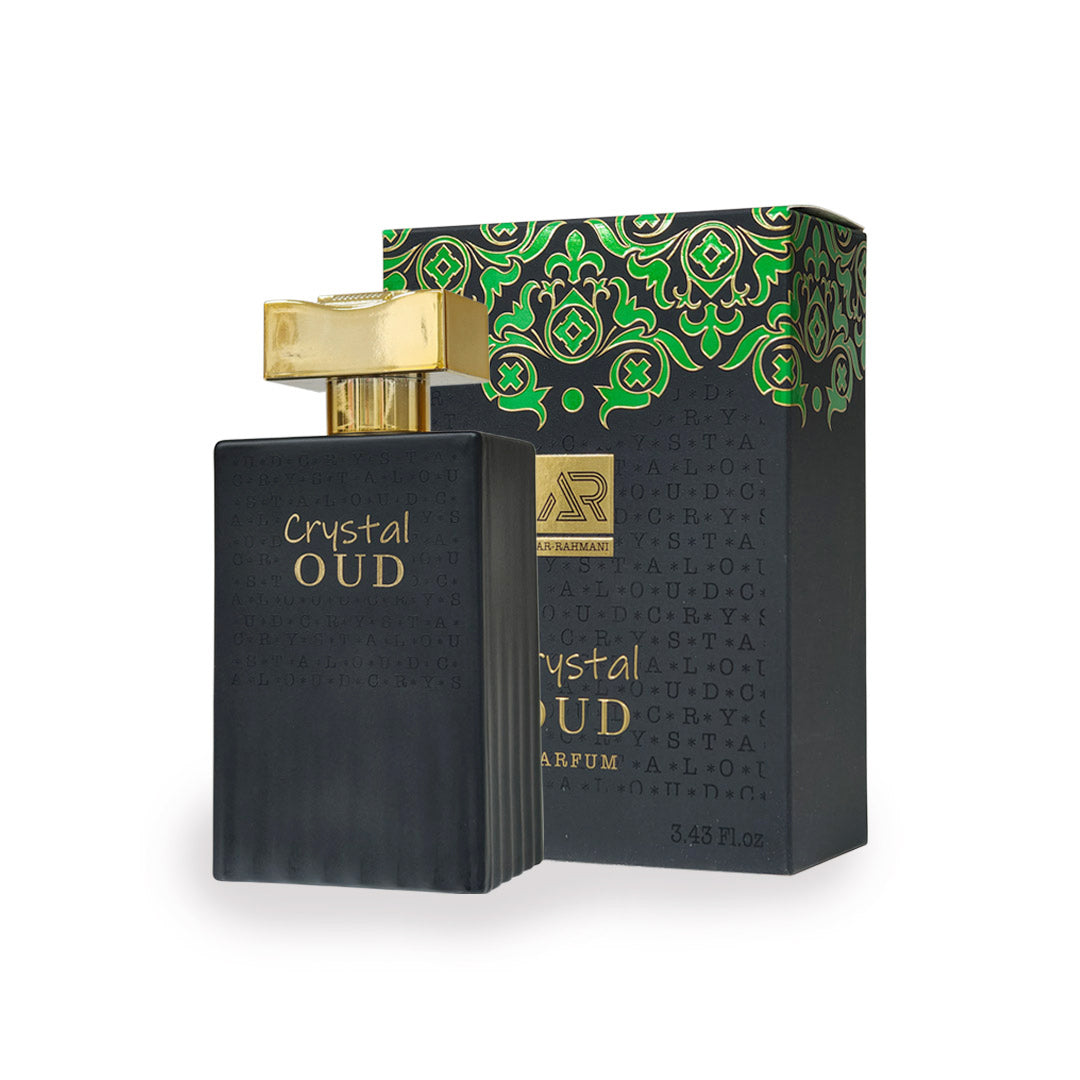 AR Rahmani Crystal Oud Parfum 100 ml bottle with elegant gold and clear design