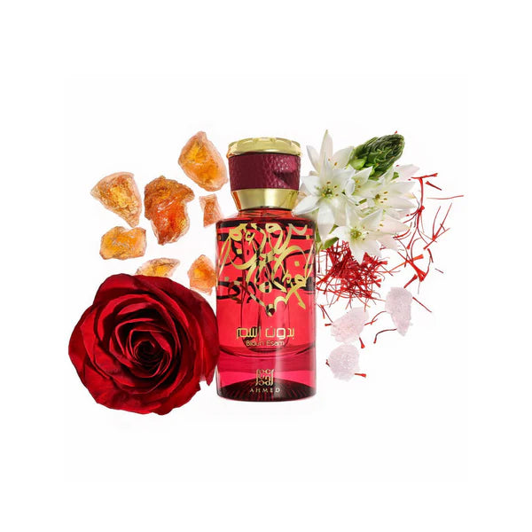 Bidun Esam EDP 50ml red and gold spray bottle by Ahmed Al Maghribi - Fragrance Secrets