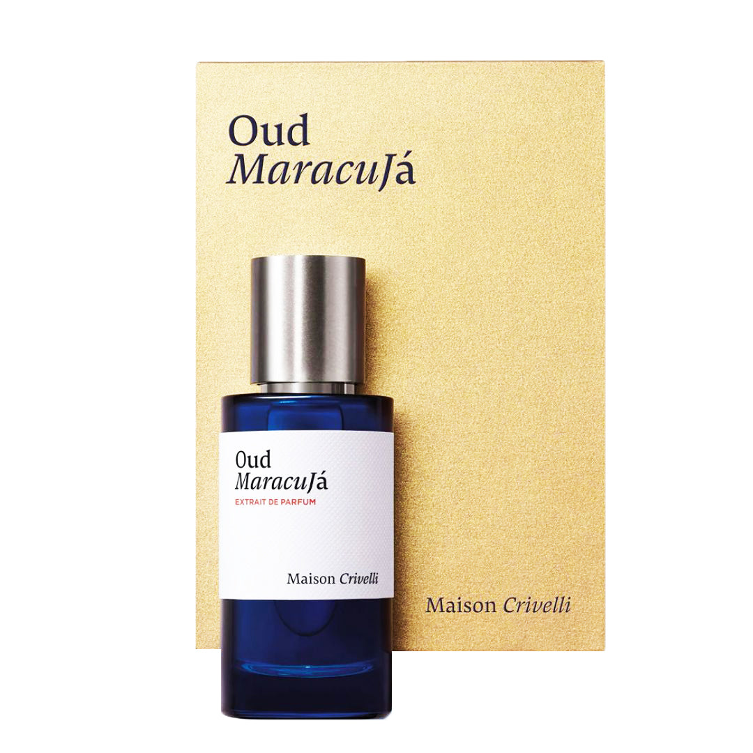 Bottle of Oud Maracujá Extrait De Parfum 100ml by Maison Crivelli – Exotic Woody & Fruity Fragrance with box