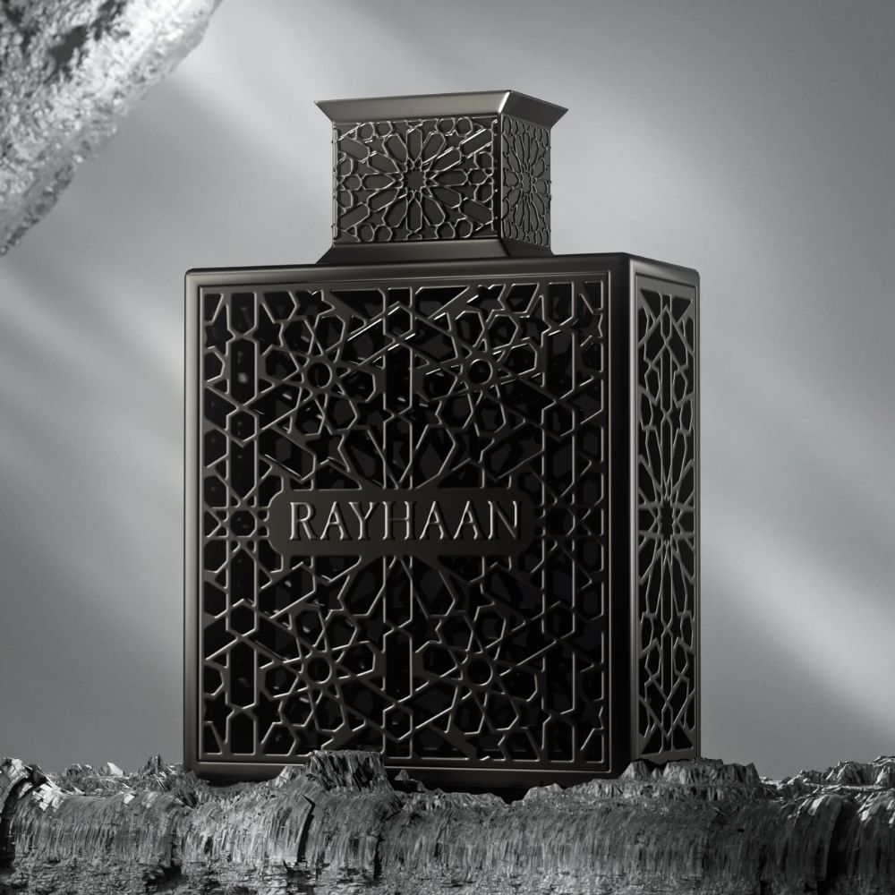 Rayhaan Obsidian For Him Eau De Parfum 100ML for Men perfume bottle with grey background