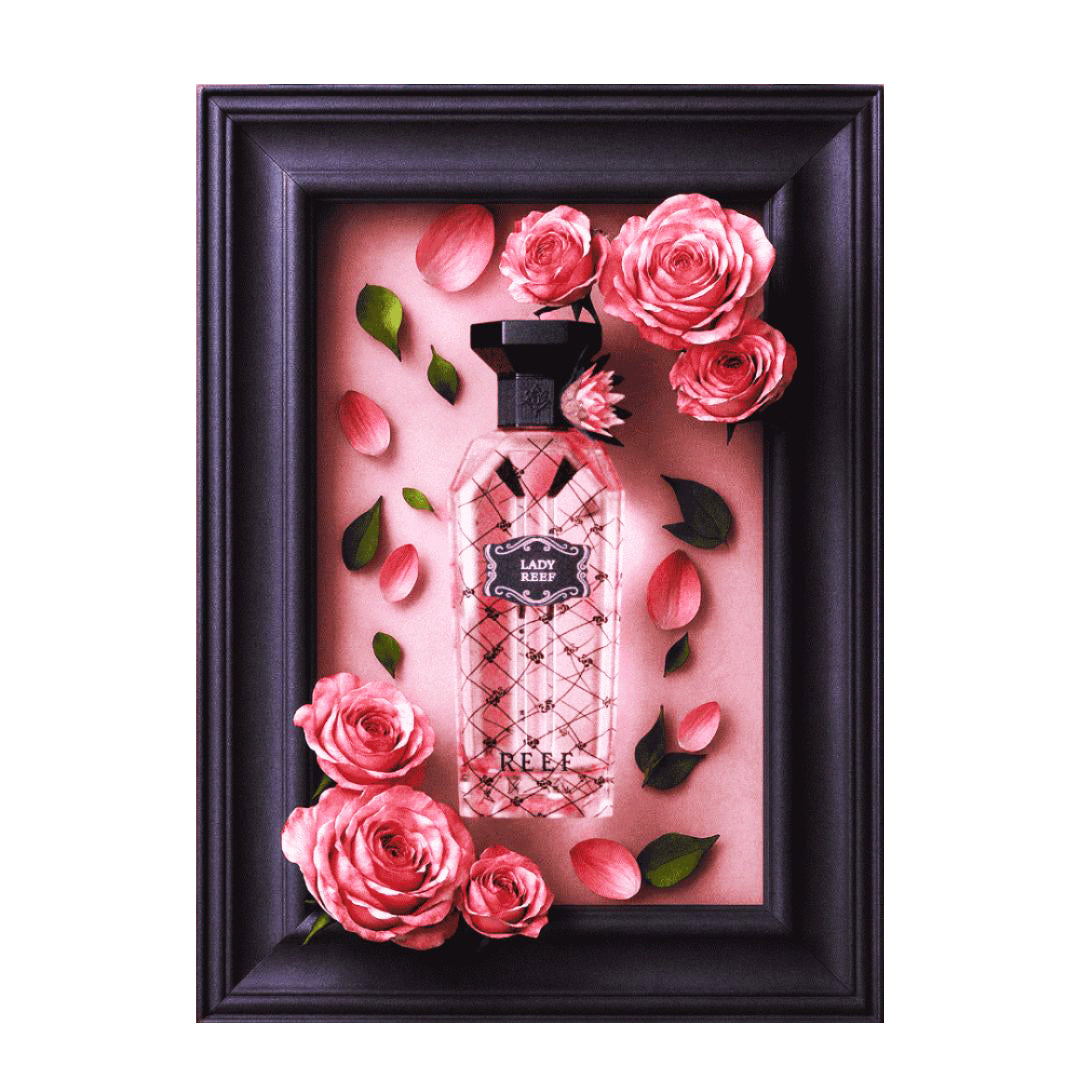 Lady Reef Eau De Parfum 150ml bottle with frame and roses – Perfume for Women