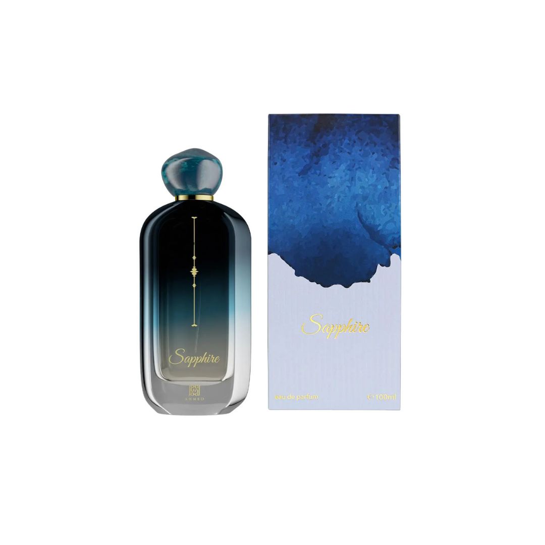 Bottle and box of Sapphire Eau De Parfum 100ml by Ahmed Al Maghribi