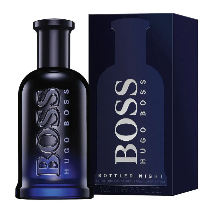 Hugo Boss Bottled Night EDT 100ml bottle on dark background


