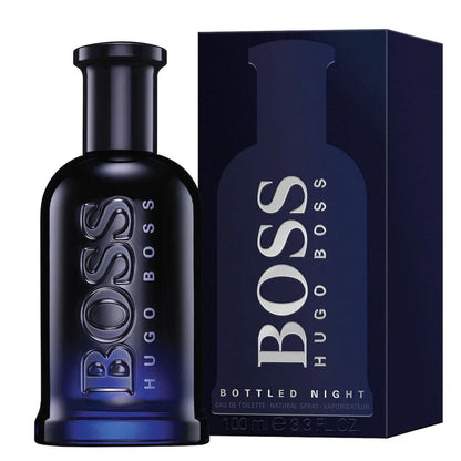 Hugo Boss Bottled Night EDT 100ml bottle on dark background


