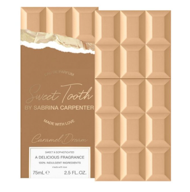 Caramel Dream Eau De Parfum 75ml spray bottle in caramel-colored chocolate bar design by Sabrina Carpenter - Fragrance Secrets  

