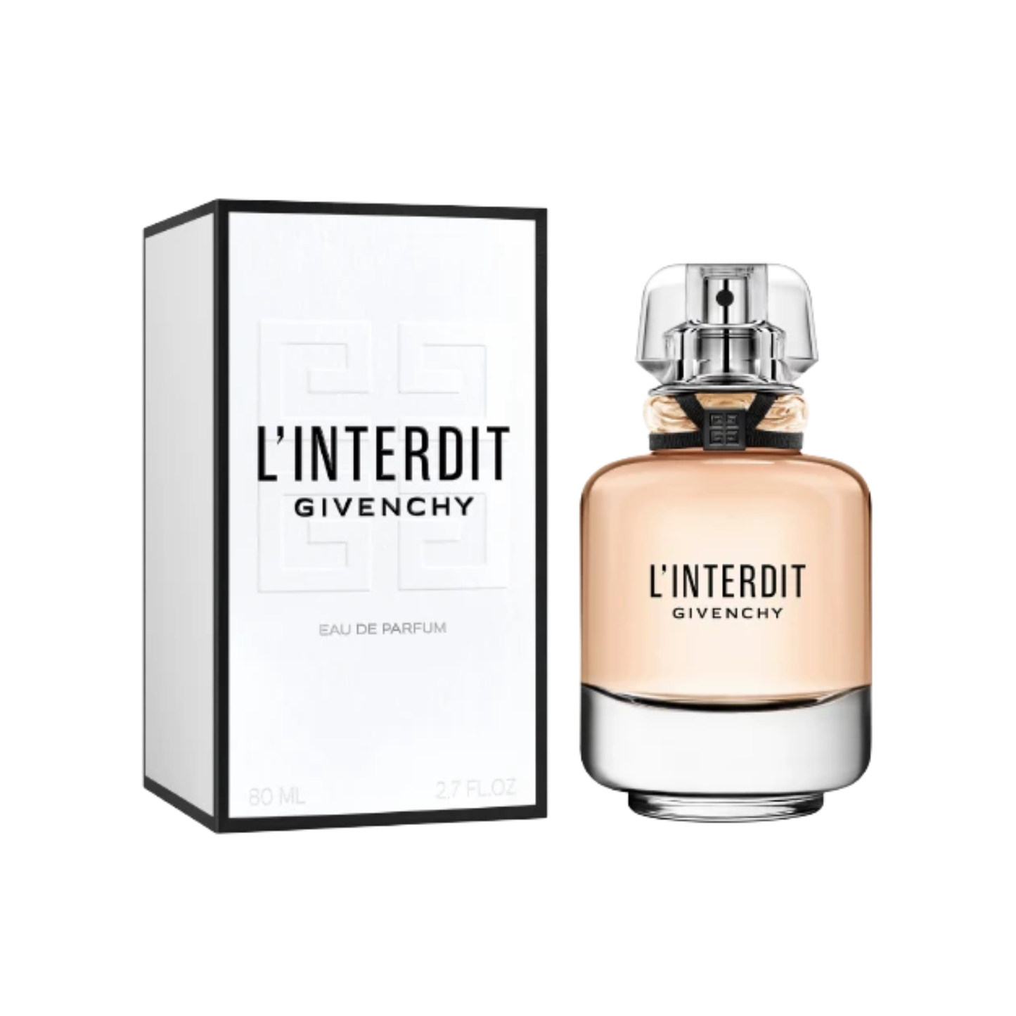 Givenchy L'Interdit Eau de Parfum bottle next to its white and black packaging box, on a solid white background.
