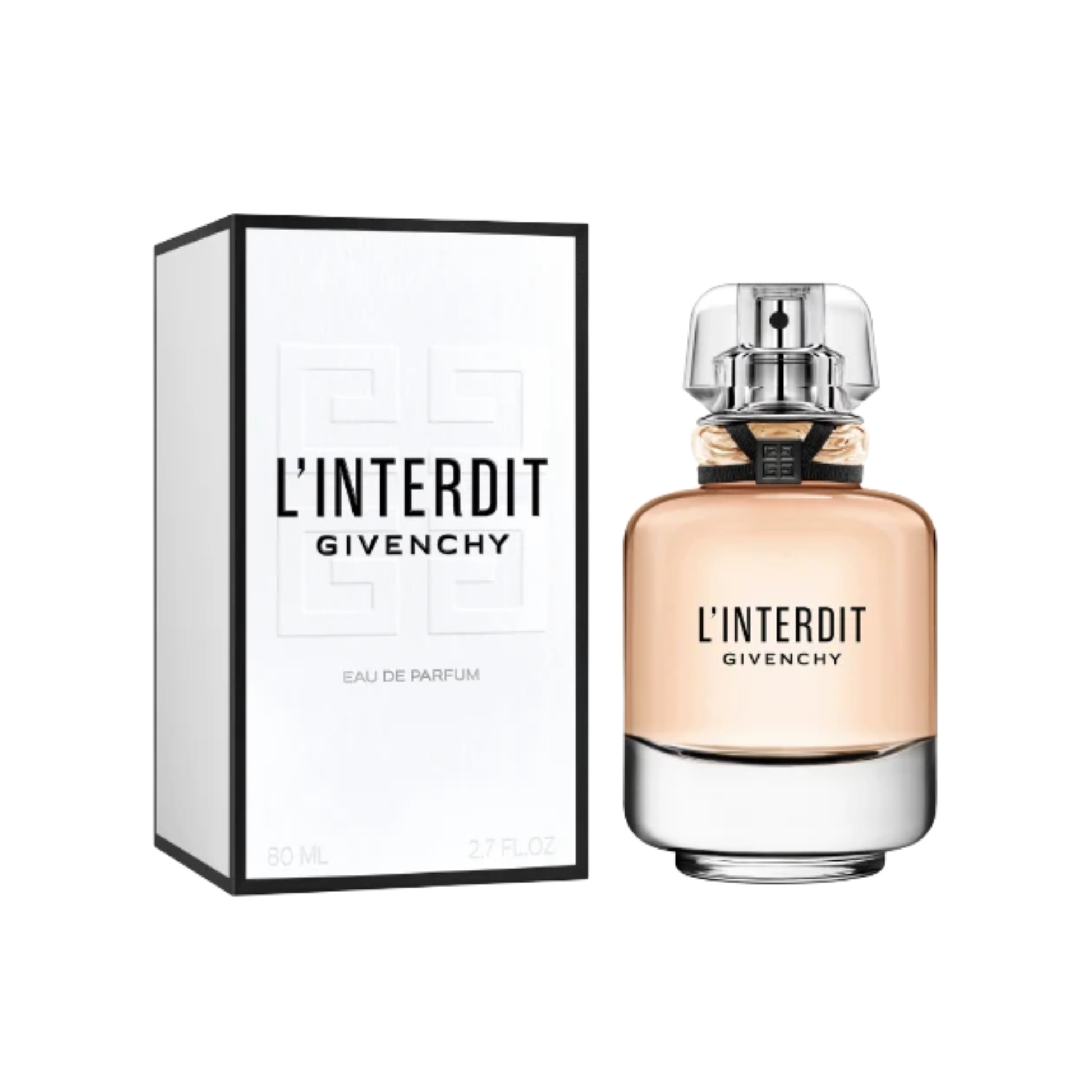 Givenchy L'Interdit Eau de Parfum bottle next to its white and black packaging box, on a solid white background.