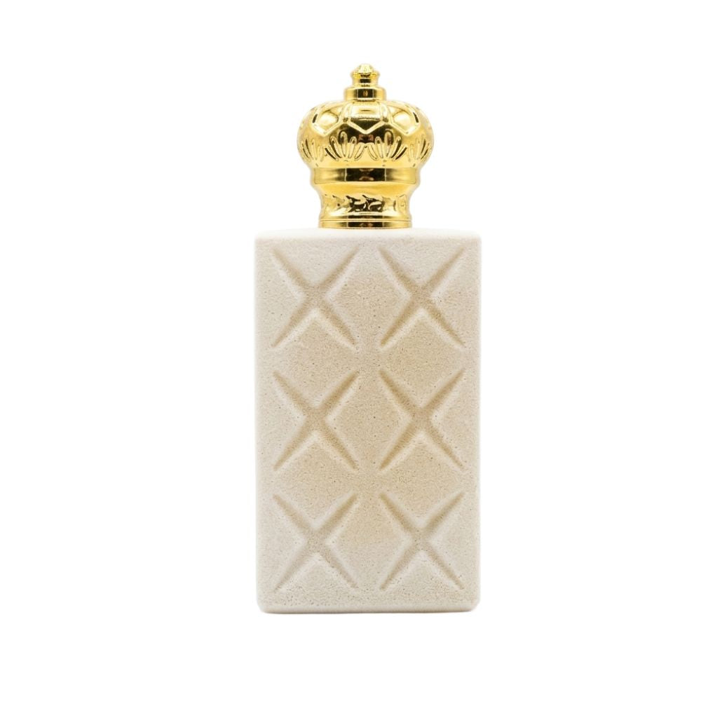 Khaleej Pride White Sapphire Eau De Parfum 85ML for Women and Men perfume Beige textured bottle with a gold crown-shaped cap on a white background