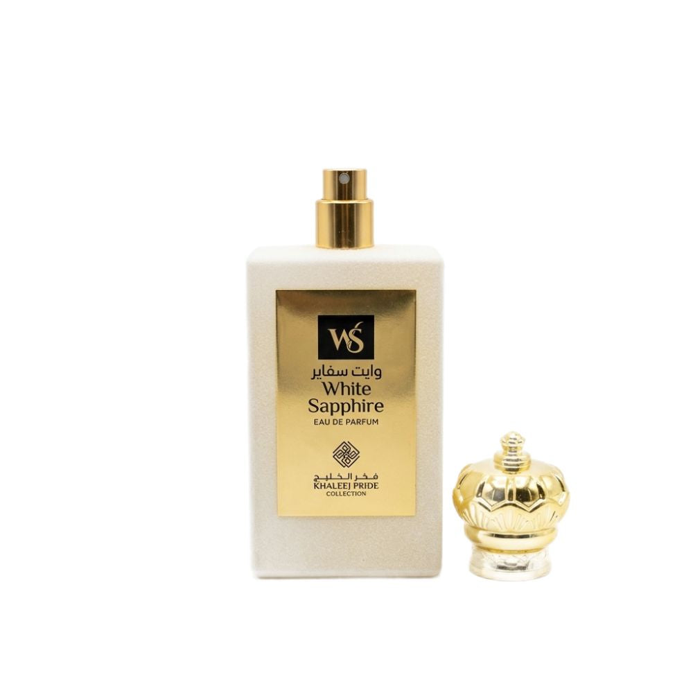 Khaleej Pride White Sapphire Eau De Parfum 85ML for Women and Men perfume bottle cap opened