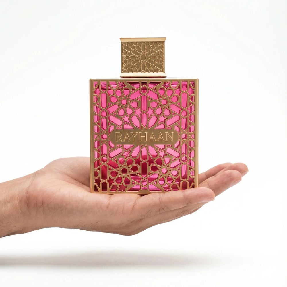 Rayhaan Kiss Eau De Parfum 100ML for Women perfume bottle on the palm