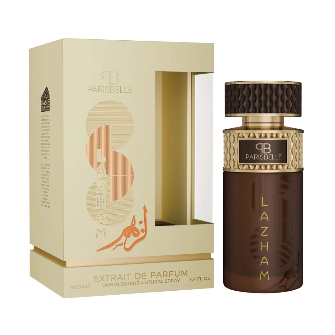Lazham Extrait De Parfum 100ml fruity leather oud perfume by Parisbelle bottle and box