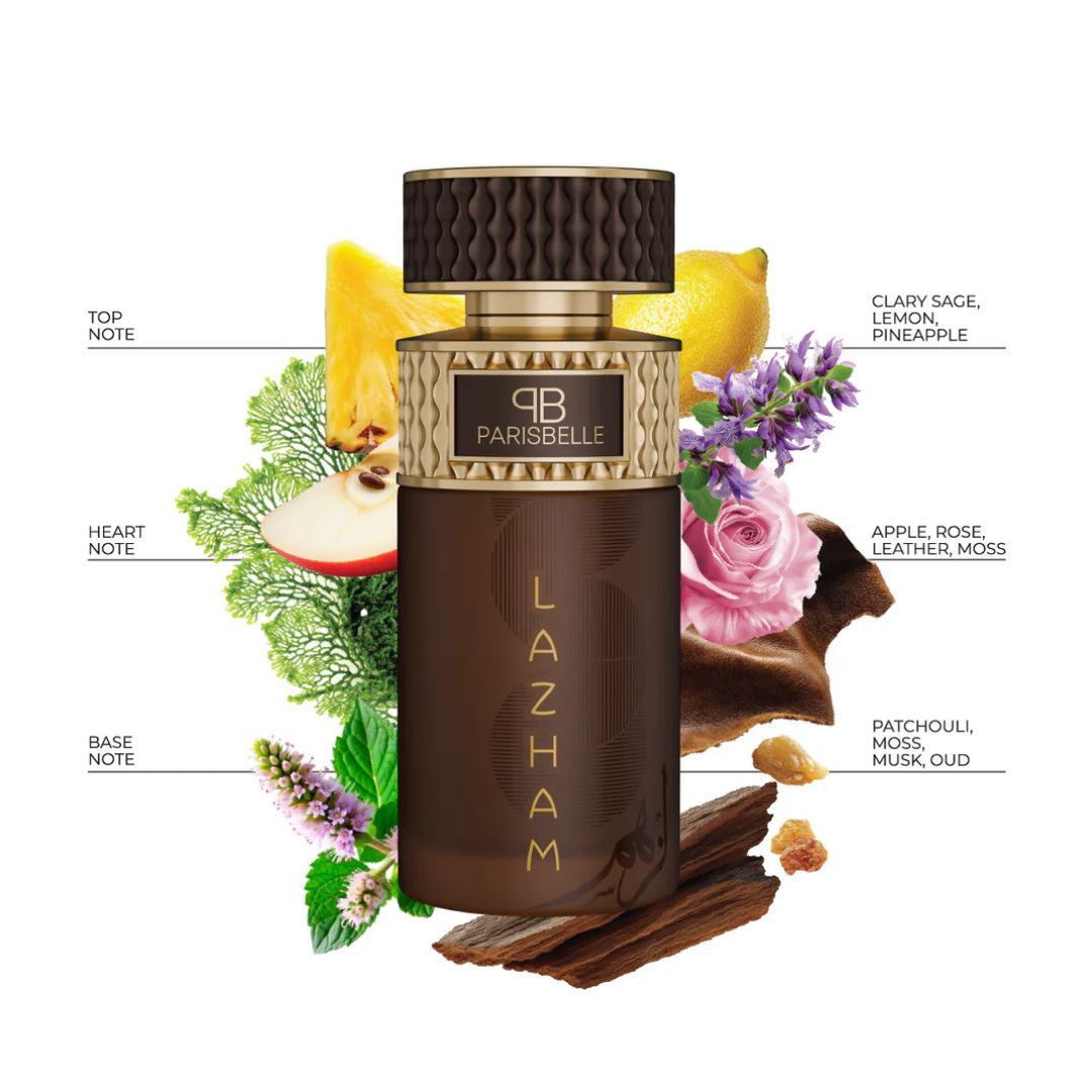 Lazham Extrait De Parfum 100ml fruity leather oud perfume by Parisbelle with notes