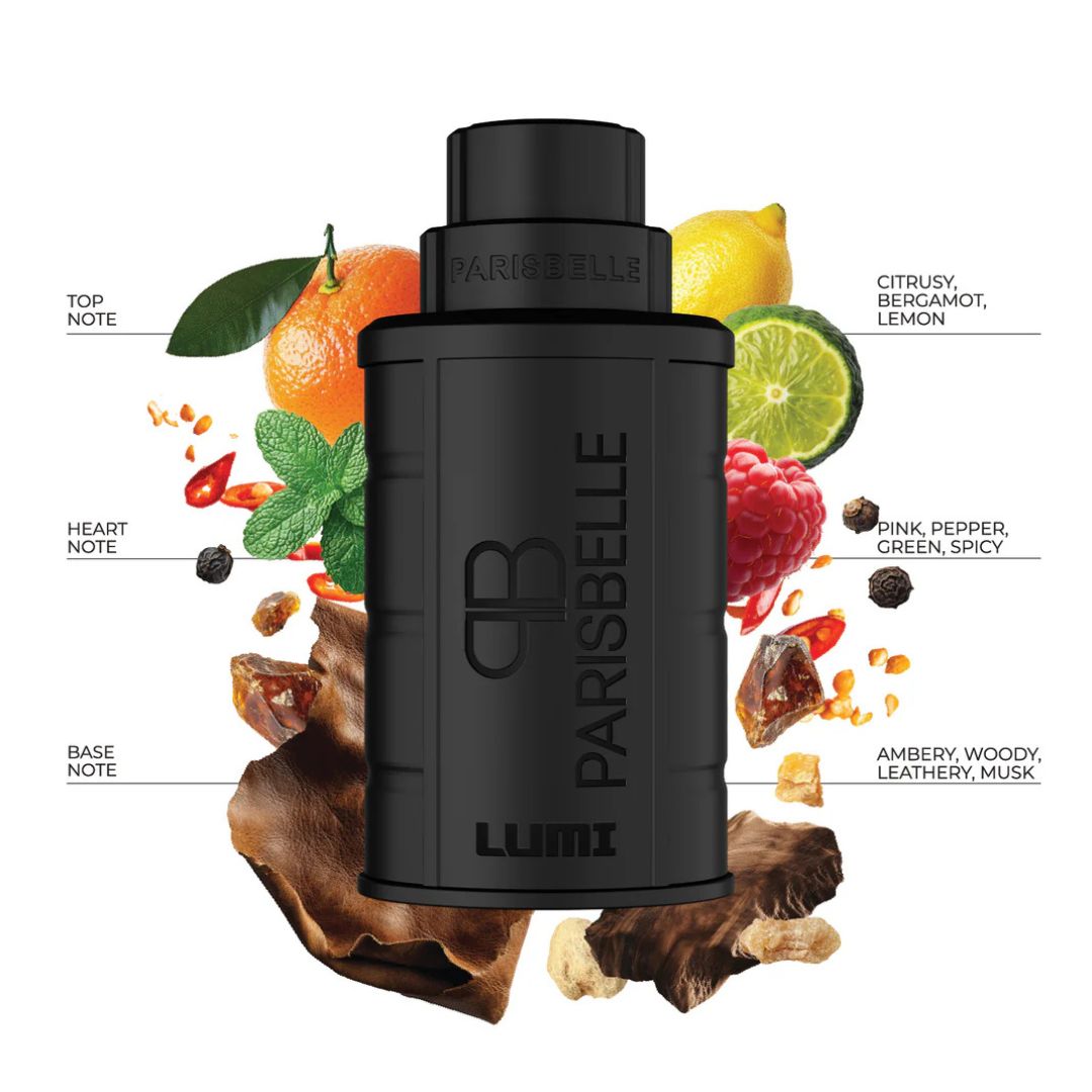 Lumi Extrait De Parfum 100ml citrus spicy woody perfume by Parisbelle perfumes bottle with notes infograpics