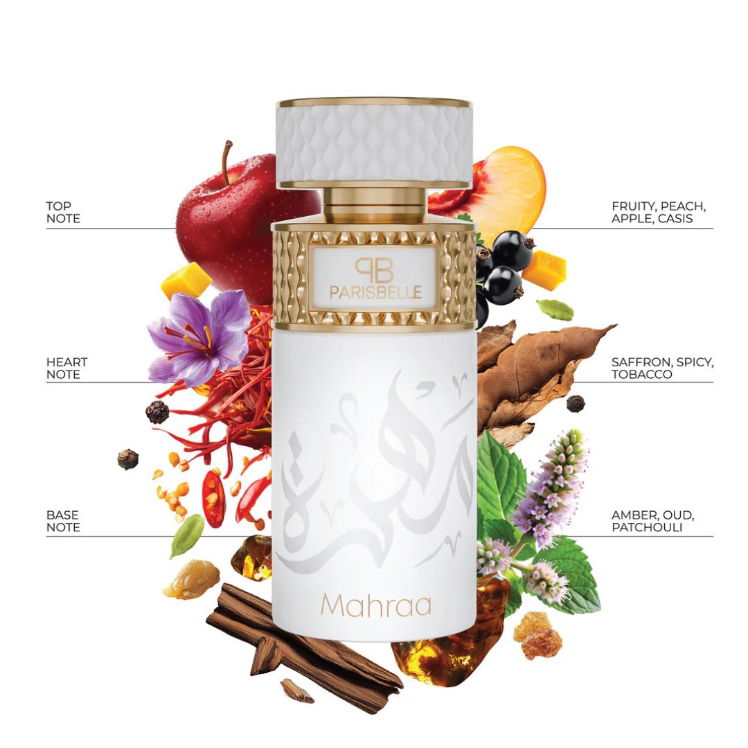 Mahraa Extrait De Parfum 100ml fruity spicy oud perfume by Parisbelle perfumes bottle and notes
