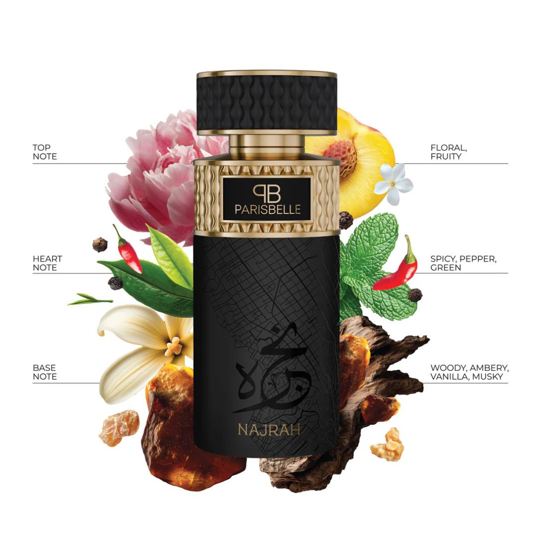 Najrah Extrait De Parfum 100ml floral spicy woody perfume by Parisbelle perfumes bottle with notes infographics