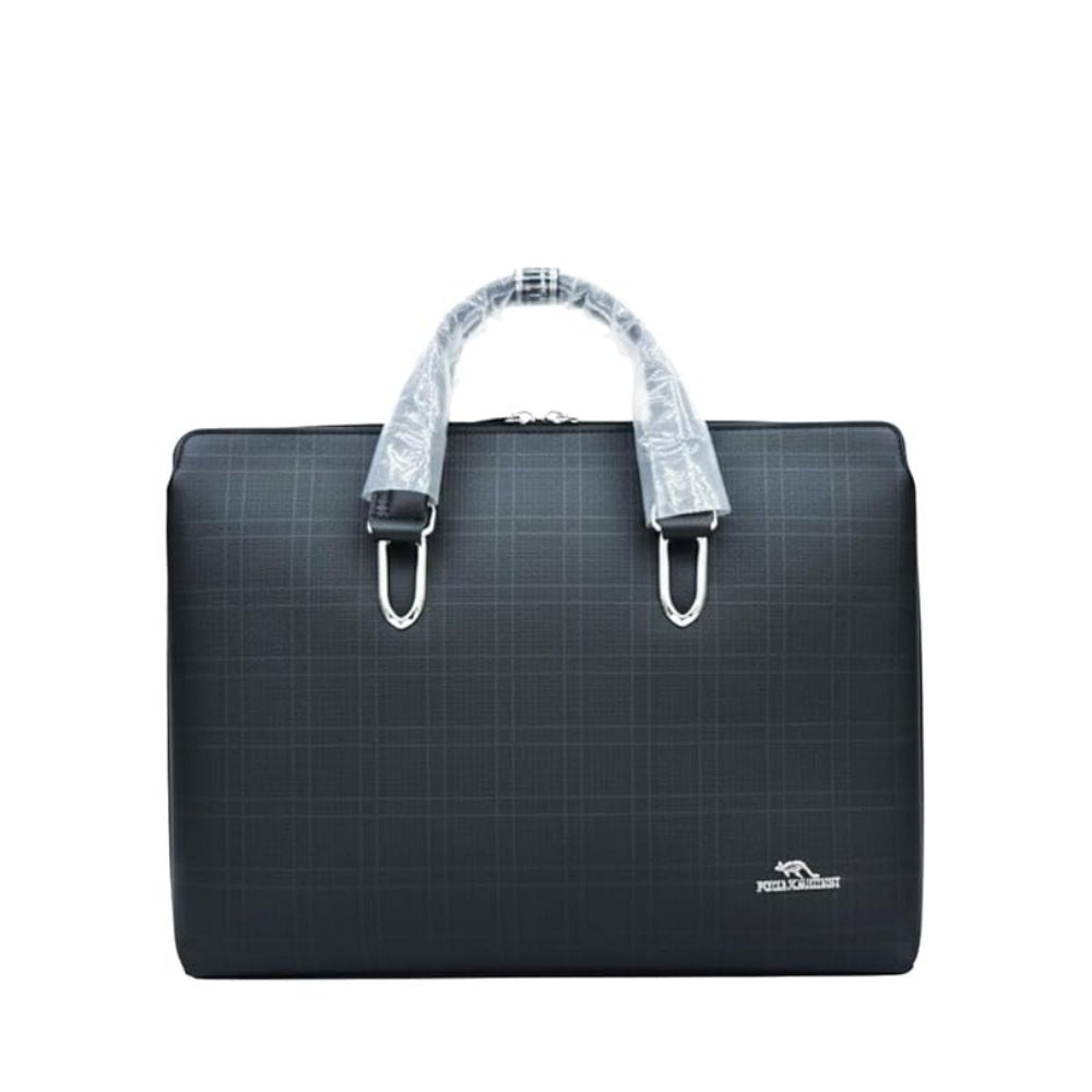 15.6" Laptop Briefcase — Water-Resistant PVC Leather | Black Grey Checkered