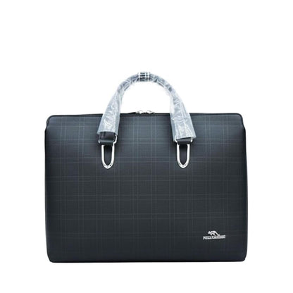 15.6" Laptop Briefcase — Water-Resistant PVC Leather | Black Grey Checkered