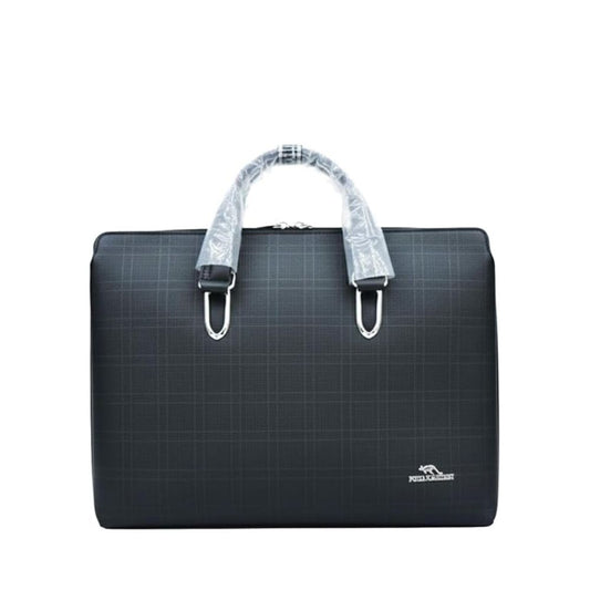 15.6" Laptop Briefcase — Water-Resistant PVC Leather | Black Grey Checkered