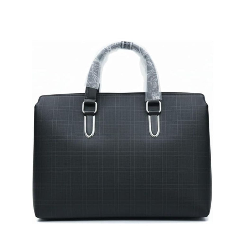 15.6" Laptop Briefcase — Water-Resistant PVC Leather | Black Grey Checkered
