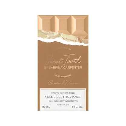 Caramel Dream Eau De Parfum 75ml spray bottle in caramel-colored chocolate bar design by Sabrina Carpenter - Fragrance Secrets  

